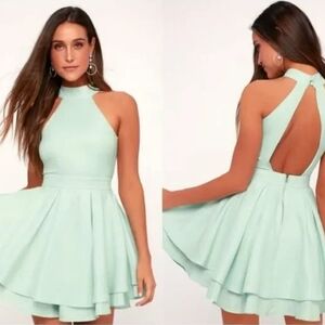 Lulus Mint Green Halter Skater Mini Dress S Flirty Fit & Flare Tiered Pastel Fun